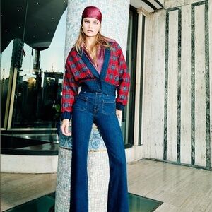 & Other Stories Red and Blue Plaid Jacket with Wide Leg Jeans